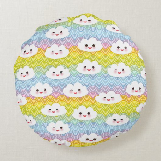 カラフルな絵文字のかわいい雲のパターン モノグラム ラウンドクッション (裏面)