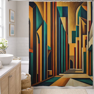カラフルな絵画 建築物 シャワーカーテン