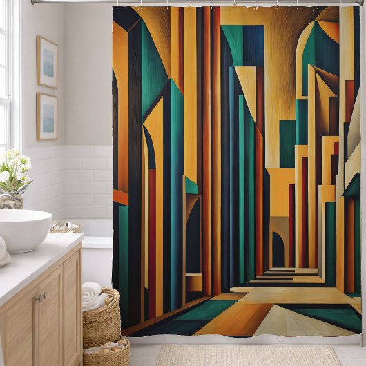 カラフルな絵画 建築物 シャワーカーテン