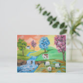 カラフルな羊と牛の民俗絵画 ポストカード (スタンド正面)