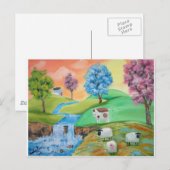 カラフルな羊と牛の民俗絵画 ポストカード (正面/裏面)