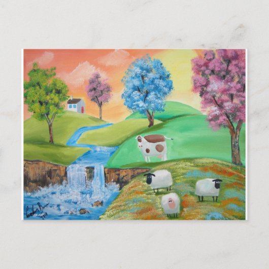 カラフルな羊と牛の民俗絵画 ポストカード (正面)