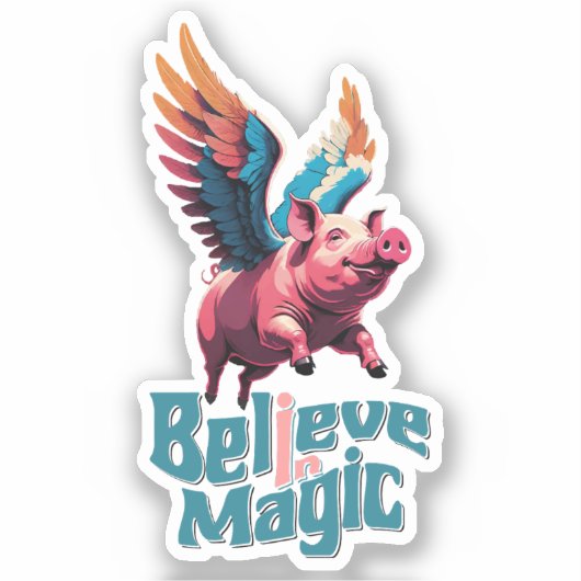 カラフルな翼を持つかわいい豚 | 魔法を信じて シール (正面)