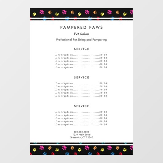 カラフルな肉球プリントのプロフェッショナルペットサロンサービス ウィンドウサイン (シート)