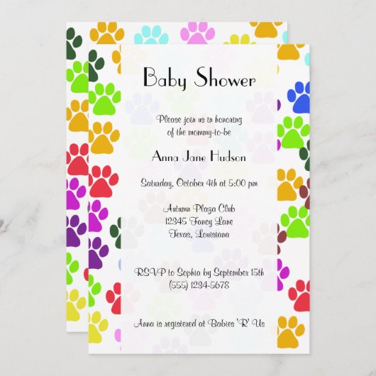カラフルな肉球, 肉球パターン, 犬の肉球, ベビーシャワー 招待状 (正面/裏面)