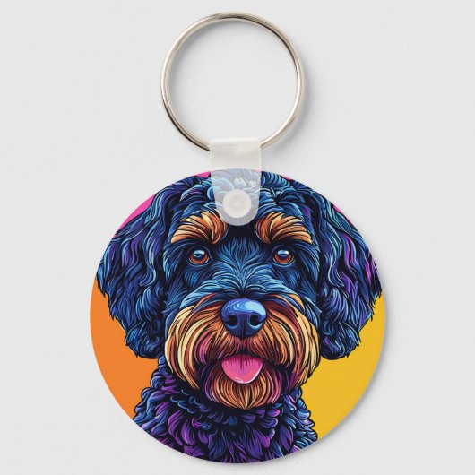 カラフルな背景に立つ幸せな犬 キーホルダー (正面)