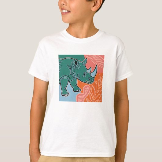 カラフルな背景の可愛いサイのキッズTシャツ Tシャツ (正面)