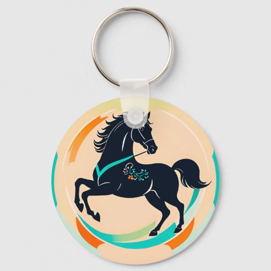 カラフルな背景の黒馬 キーホルダー (正面)