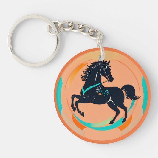 カラフルな背景の黒馬 キーホルダー (正面)