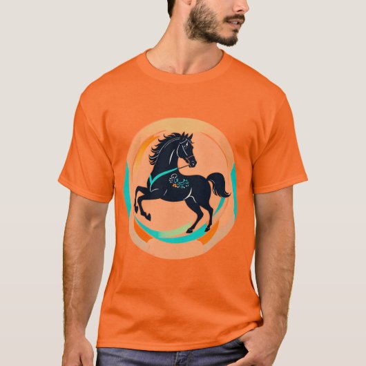 カラフルな背景の黒馬 Tシャツ (正面)