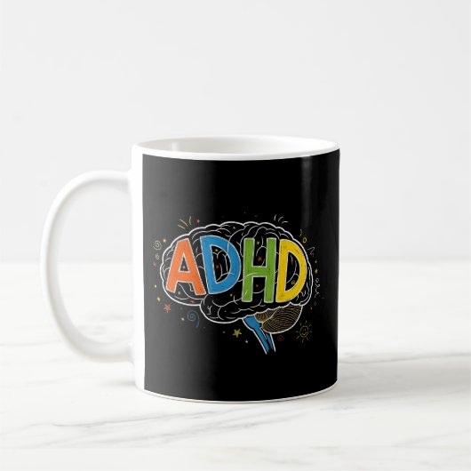 カラフルな脳の文字イラスト ADHD認知 コーヒーマグカップ (左)