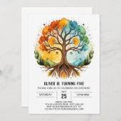 カラフルな自然の生命の木の誕生日 招待状 (正面/裏面)