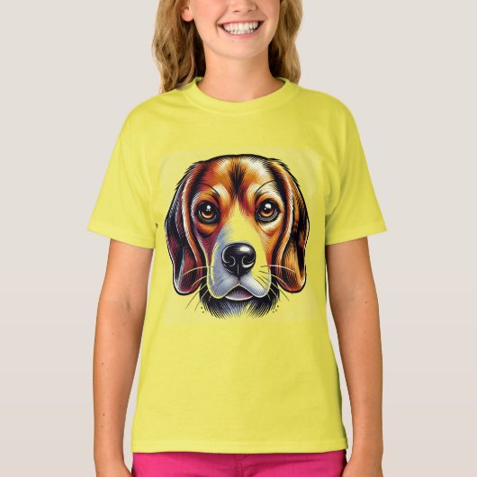 カラフルな色使いのビーグル犬の肖像 Tシャツ (正面)