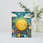 カラフルな花々に笑顔の太陽 ポストカード (スタンド正面)