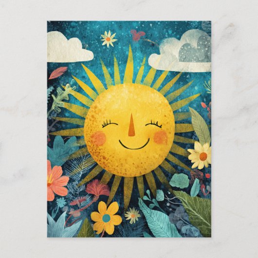 カラフルな花々に笑顔の太陽 ポストカード (正面)