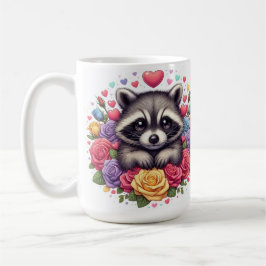 カラフルな花とハートを持つかわいいアライグマ コーヒーマグカップ
