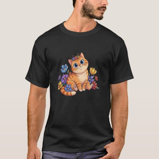 カラフルな花と可愛いオレンジタビー猫 Tシャツ (正面)