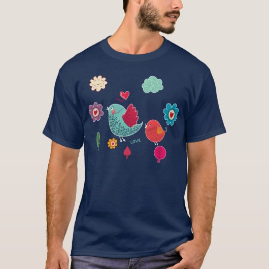 カラフルな花と可愛い小鳥 楽しい Tシャツ (正面)