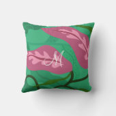 カラフルな花と葉 深いフクシアとグリーン クッション (裏面)