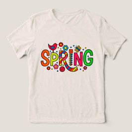 カラフルな花と鳥の春 トライブレンドTシャツ