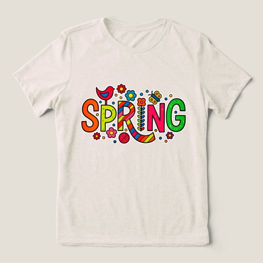 カラフルな花と鳥の春  トライブレンドＴシャツ (デザイン正面)