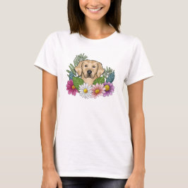 カラフルな花に囲まれた黄色いゴールデンレトリバーの頭 Tシャツ