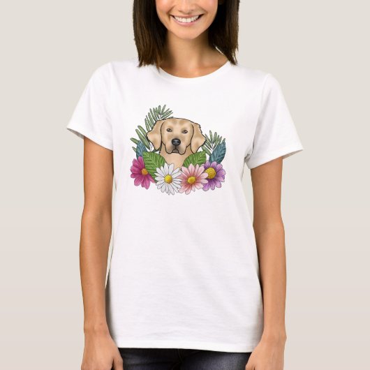 カラフルな花に囲まれた黄色いゴールデンレトリバーの頭 Tシャツ (正面)