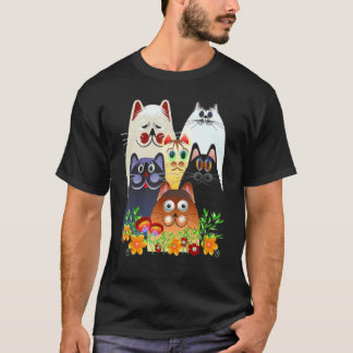 カラフルな花に幸せな猫 Tシャツ