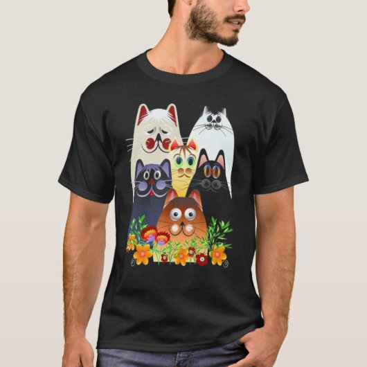 カラフルな花に幸せな猫 Tシャツ (正面)