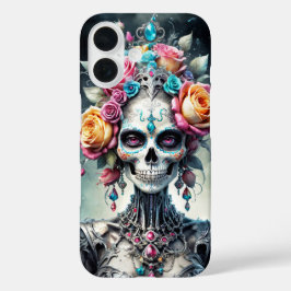 カラフルな花に覆われたサンタムエルテのドクロ iPhone 16ケース