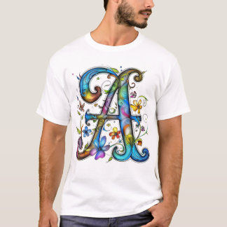 カラフルな花のイニシャルA - アーティスティックなモノグラムアルファベット Tシャツ