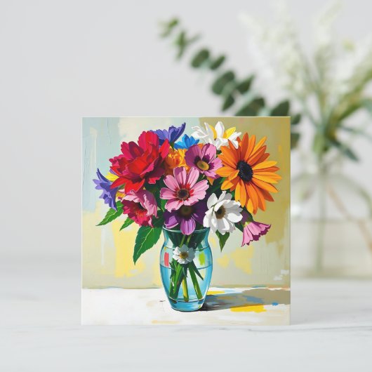 カラフルな花のインパスト調の花瓶 (スタンド正面)