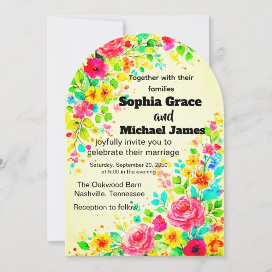 カラフルな花のウェディング招待状 | 水彩 招待状 (正面)