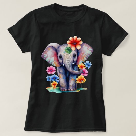 カラフルな花のゾウ Tシャツ (デザイン正面)