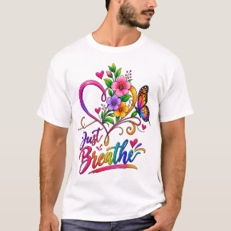 カラフルな花のハートと蝶 | Just Breathe Tシャツ
