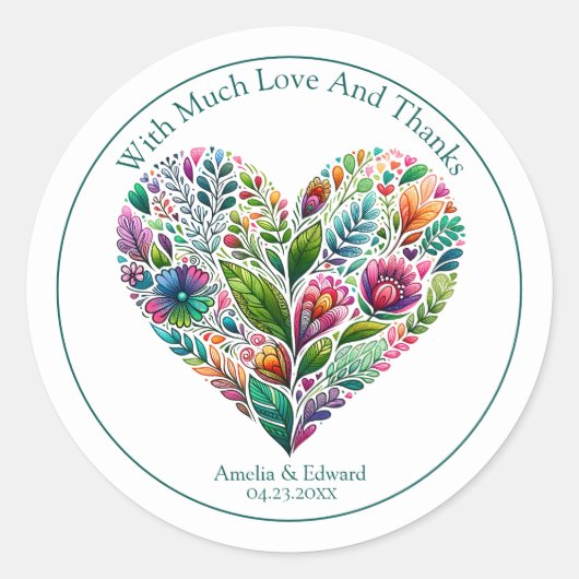 カラフルな花のハート「ありがとう」ギフト ラウンドシール (正面)