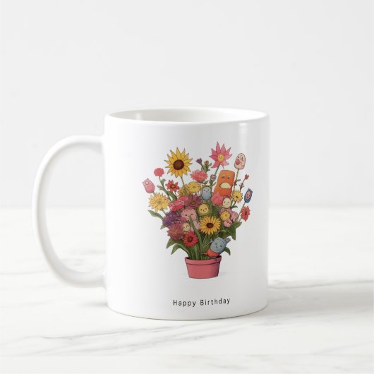 カラフルな花のブーケ、誕生日おめでとう コーヒーマグカップ (左)