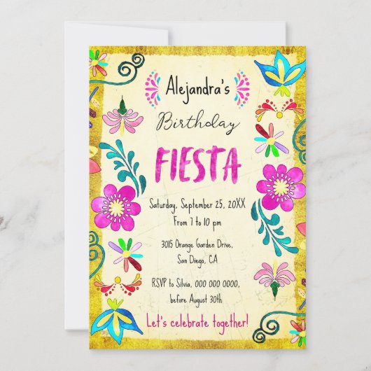 カラフルな花のメキシコンフォークアートフィエスタバースデー 招待状 (正面)