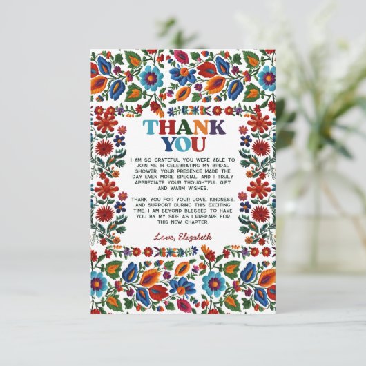 カラフルな花のメキシコ民俗芸術刺繍フィエスタ サンキューカード (スタンド正面)