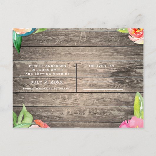 カラフルな花のモダンな花木レース セーブデート 案内ポストカード (裏面)