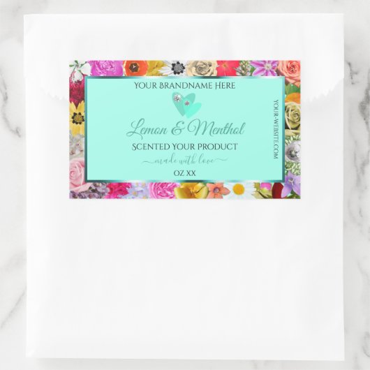 カラフルな花のライトターコイズ製品ラベル ハート 長方形シール (バッグ)