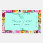 カラフルな花のライトターコイズ製品ラベル ハート 長方形シール (正面)