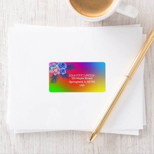 カラフルな花のローズ ボーホー モダン グラデーション トロピカル ラベル (インサイチュ)