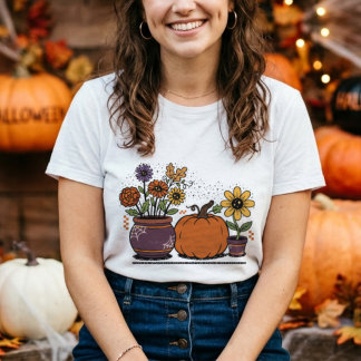 カラフルな花の可愛いカボチャ、鉢植え トライブレンドTシャツ