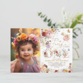 カラフルな花の妖精の1歳の誕生日ガーデンパーティー 招待状 (スタンド正面)