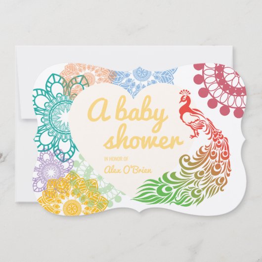 カラフルな花の孔雀のスケッチのベビーシャワー 招待状 (正面)