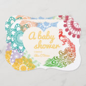 カラフルな花の孔雀のスケッチのベビーシャワー 招待状 (正面/裏面)