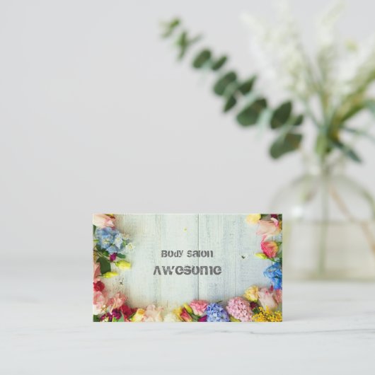 カラフルな花の明るくてカワイイデザイン 名刺 (スタンド正面)