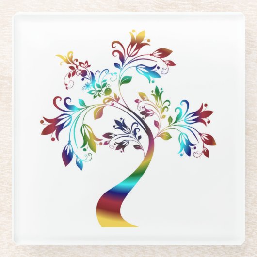 カラフルな花の木 ガラスコースター (正面)