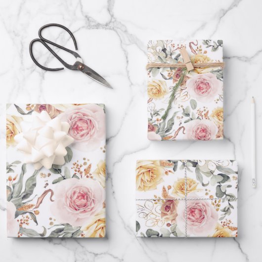 カラフルな花の植物水彩パターン ラッピングペーパーシート (正面)